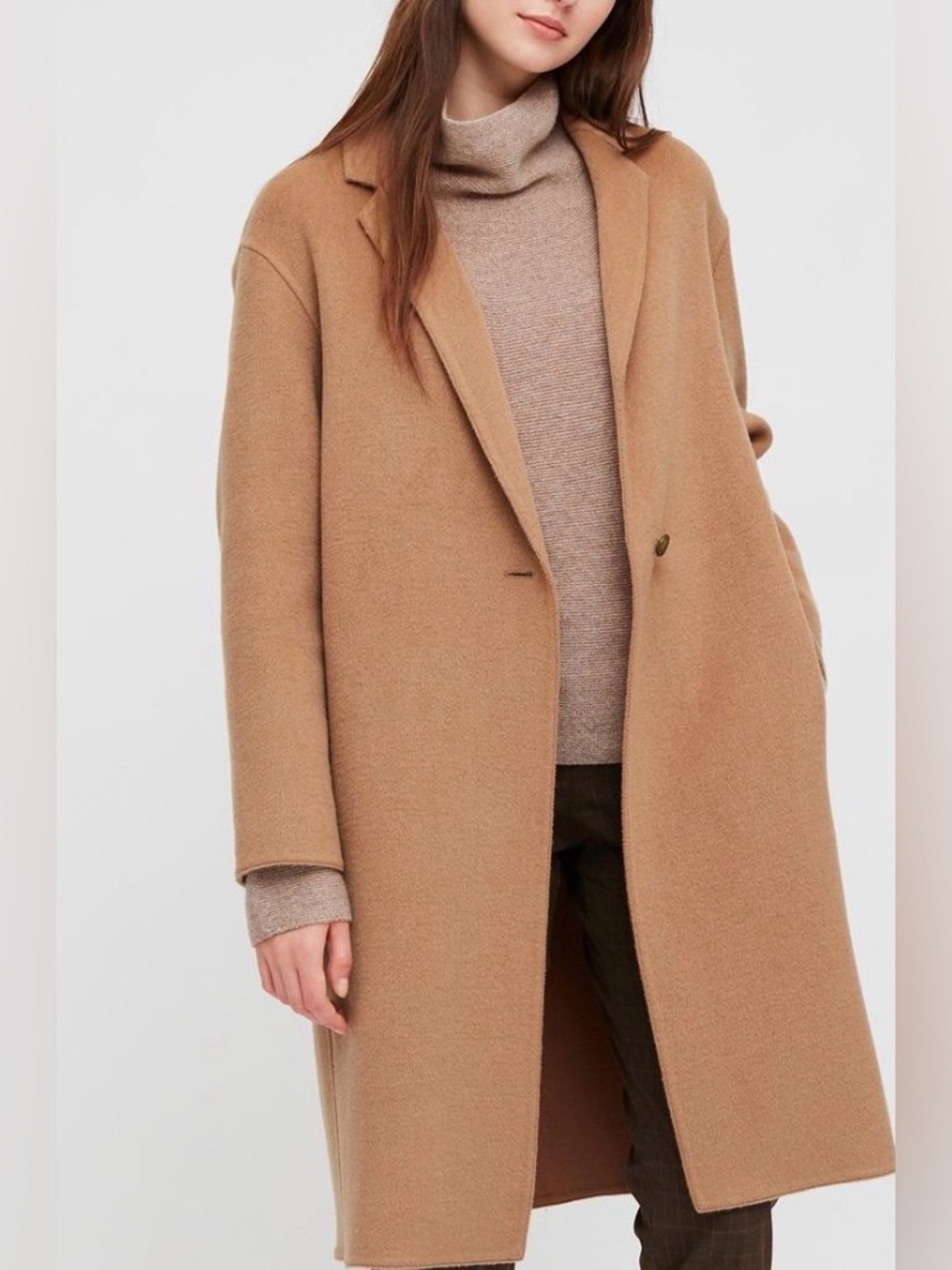 Uniqlo Women's Camel Long Coat - Single-Button Wool Blend